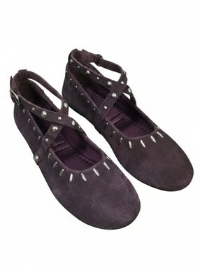 Zara Suede Deep Plum Studded Criss-Cross Buckle Strap Ballet Flats Size EU37